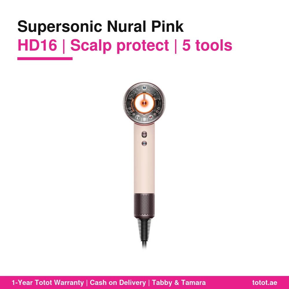 مجفف شعر Dyson Supersonic Nural HD16 بلون Ceramic Pink/Rose Gold – إصدار Straight+Wavy، حماية فروة الرأس عند 55 درجة، تعلّم الملحقات، إيقاف الحرارة عند وضعه، 5 ملحقات، قابس بريطاني ثلاثي 7 مجفف شعر Dyson Supersonic Nural Ceramic Pink