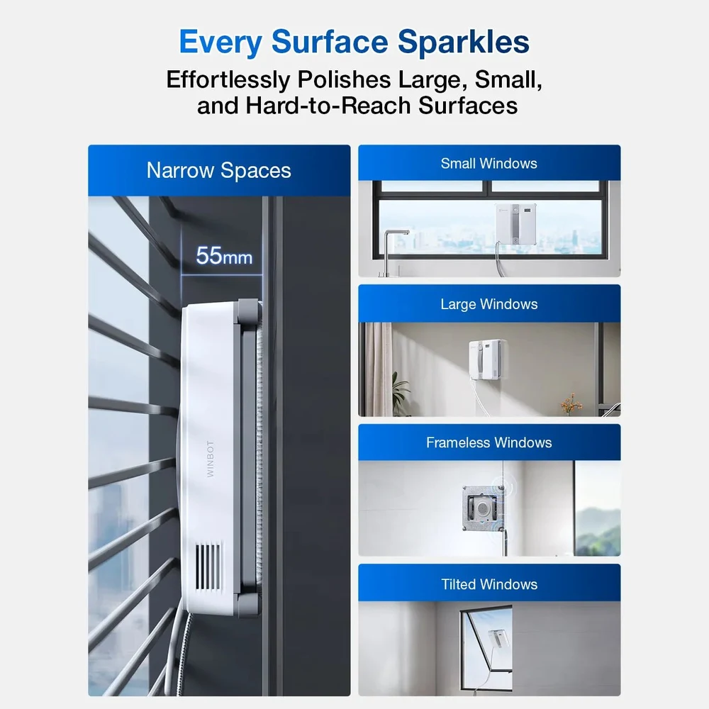 روبوت ECOVACS WINBOT MINI – جسم بسمك 55 ملم، ورذاذ فوق صوتي، وتغطية للحواف حتى 99.5%، وشفط حتى 7,500Pa، وحماية بتسع مراحل 8 روبوت WINBOT MINI على النوافذ الضيقة والصغيرة