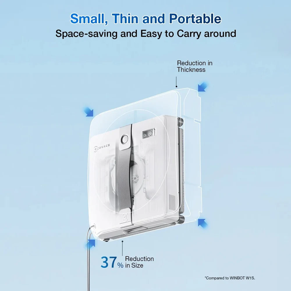 روبوت ECOVACS WINBOT MINI – جسم بسمك 55 ملم، ورذاذ فوق صوتي، وتغطية للحواف حتى 99.5%، وشفط حتى 7,500Pa، وحماية بتسع مراحل 9 جسم WINBOT MINI الأنحف والأصغر