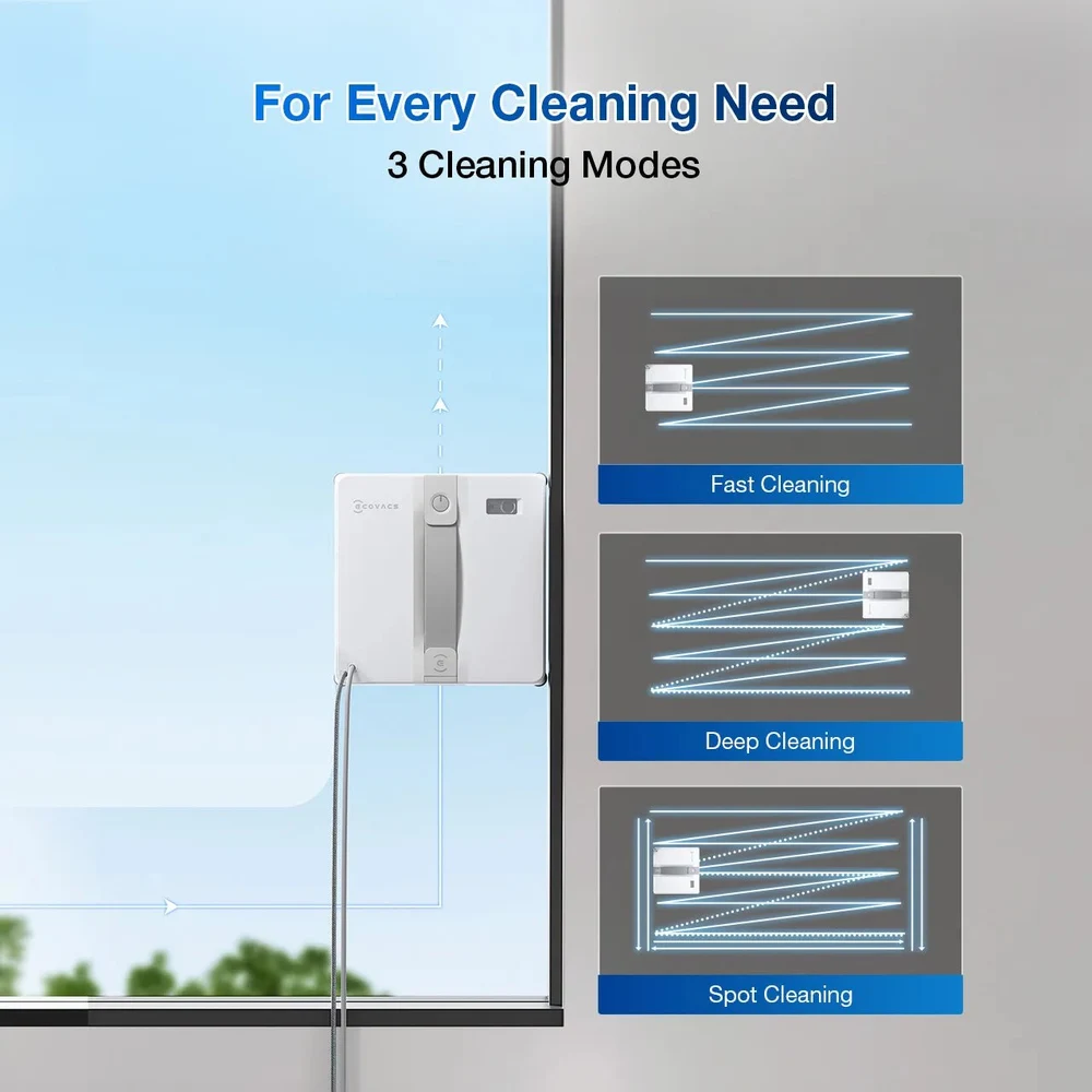 روبوت ECOVACS WINBOT MINI – جسم بسمك 55 ملم، ورذاذ فوق صوتي، وتغطية للحواف حتى 99.5%، وشفط حتى 7,500Pa، وحماية بتسع مراحل 10 أوضاع التنظيف الثلاثة في WINBOT MINI