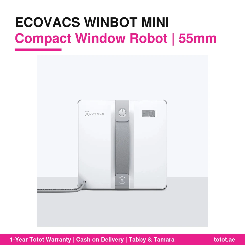 روبوت ECOVACS WINBOT MINI – جسم بسمك 55 ملم، ورذاذ فوق صوتي، وتغطية للحواف حتى 99.5%، وشفط حتى 7,500Pa، وحماية بتسع مراحل 1 ECOVACS WINBOT MINI