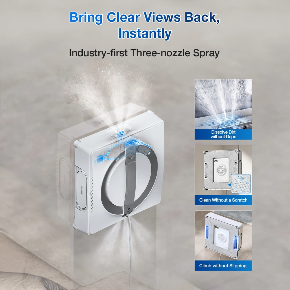 روبوت ECOVACS WINBOT W2 PRO – رش ثلاثي الفوهات واسع الزاوية، وWIN-SLAM 4.0، وشفط حتى 5,300Pa، ودقيقة و45 ثانية لكل م² في الوضع السريع، وحماية بعشرة مستويات 9 الرش ثلاثي الفوهات في WINBOT W2 PRO