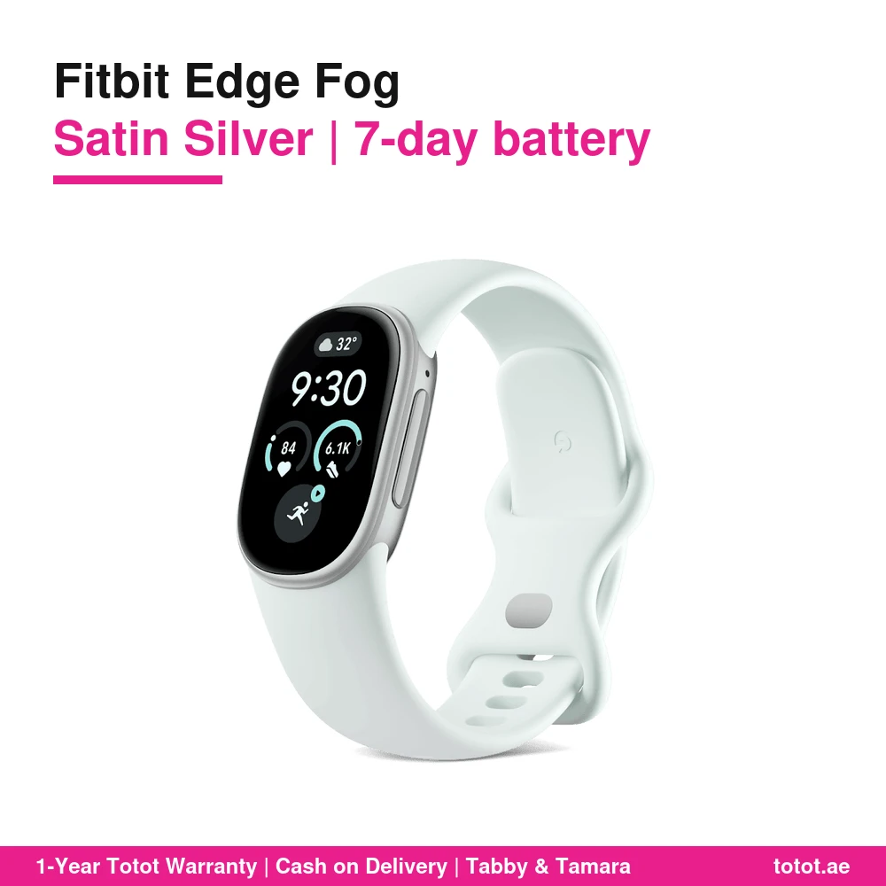جهاز Google Fitbit Edge Fog – هيكل ألمنيوم فضي ساتان، سوار Fog فاتح، شاشة AMOLED بقياس 1.3 بوصة، GPS مدمج، بطارية حتى 7 أيام 5 جهاز Fitbit Edge Fog بهيكل فضي