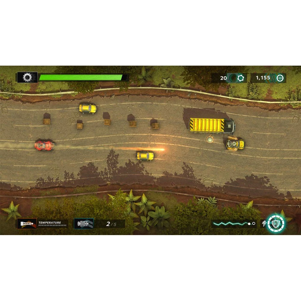 Gearshifters Switch – Top-Down Vehicle Combat Rogue-lite, Mega-Machine Boss Fights, Car Upgrades, 27 Stages, European Physical Edition 7 Armed courier car firing at enemy vehicles on a ruined highway