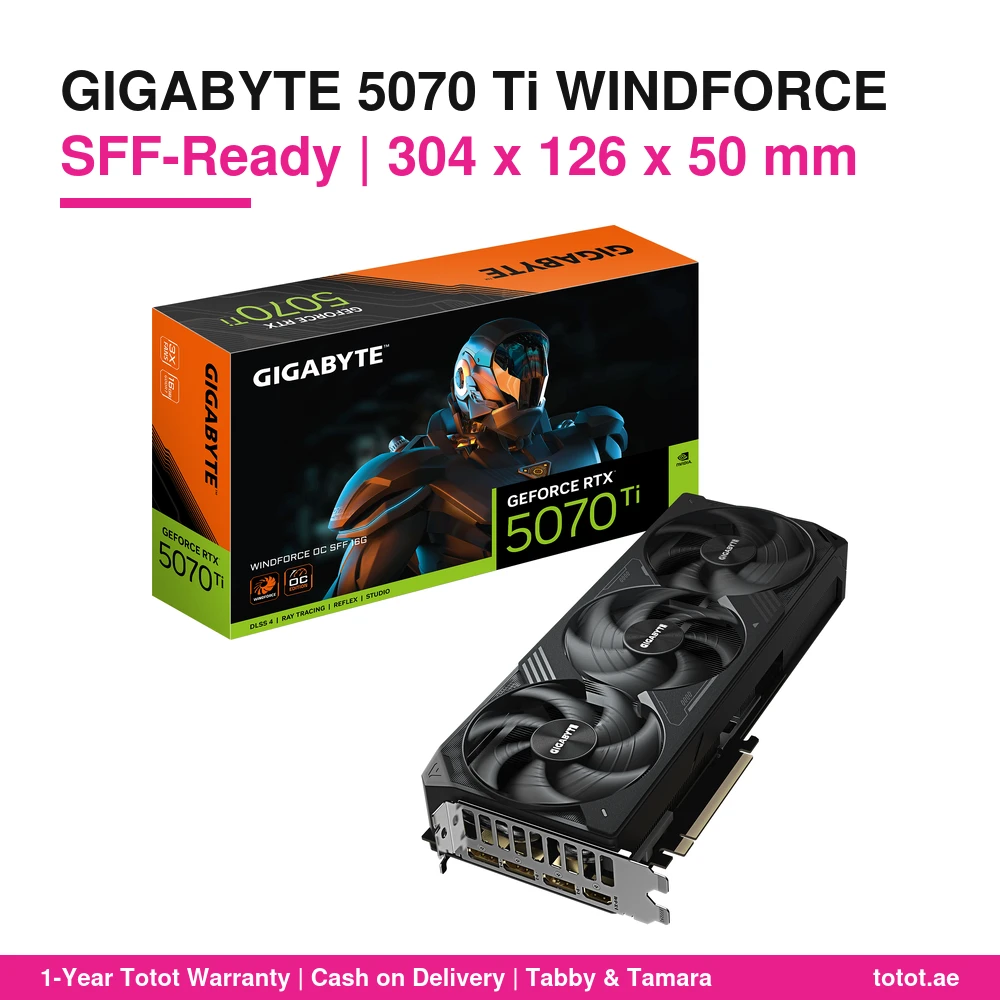 GIGABYTE GeForce RTX 5070 Ti WINDFORCE OC SFF 16G – SFF-Ready 304 mm, 2497 MHz, 16GB GDDR7 256-bit, Hawk Fans, Dual BIOS, VGA Holder 1 GIGABYTE RTX 5070 Ti WINDFORCE
