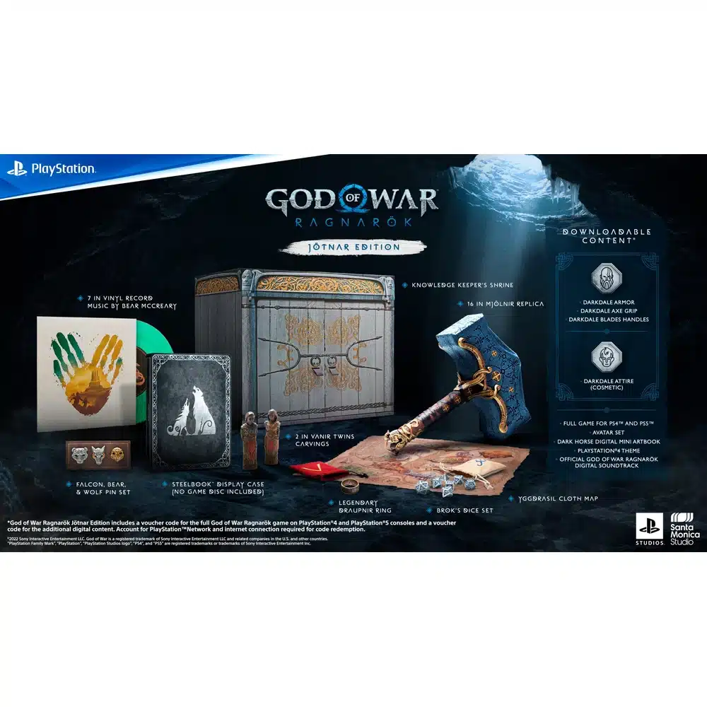 God of War Ragnarok Jotnar Edition PS5 - 16in Mjolnir Replica, Steelbook, 7in Vinyl, Draupnir Ring, Cloth Map, Dice Set 4 God of War Ragnarok Jotnar Edition - official product image 3