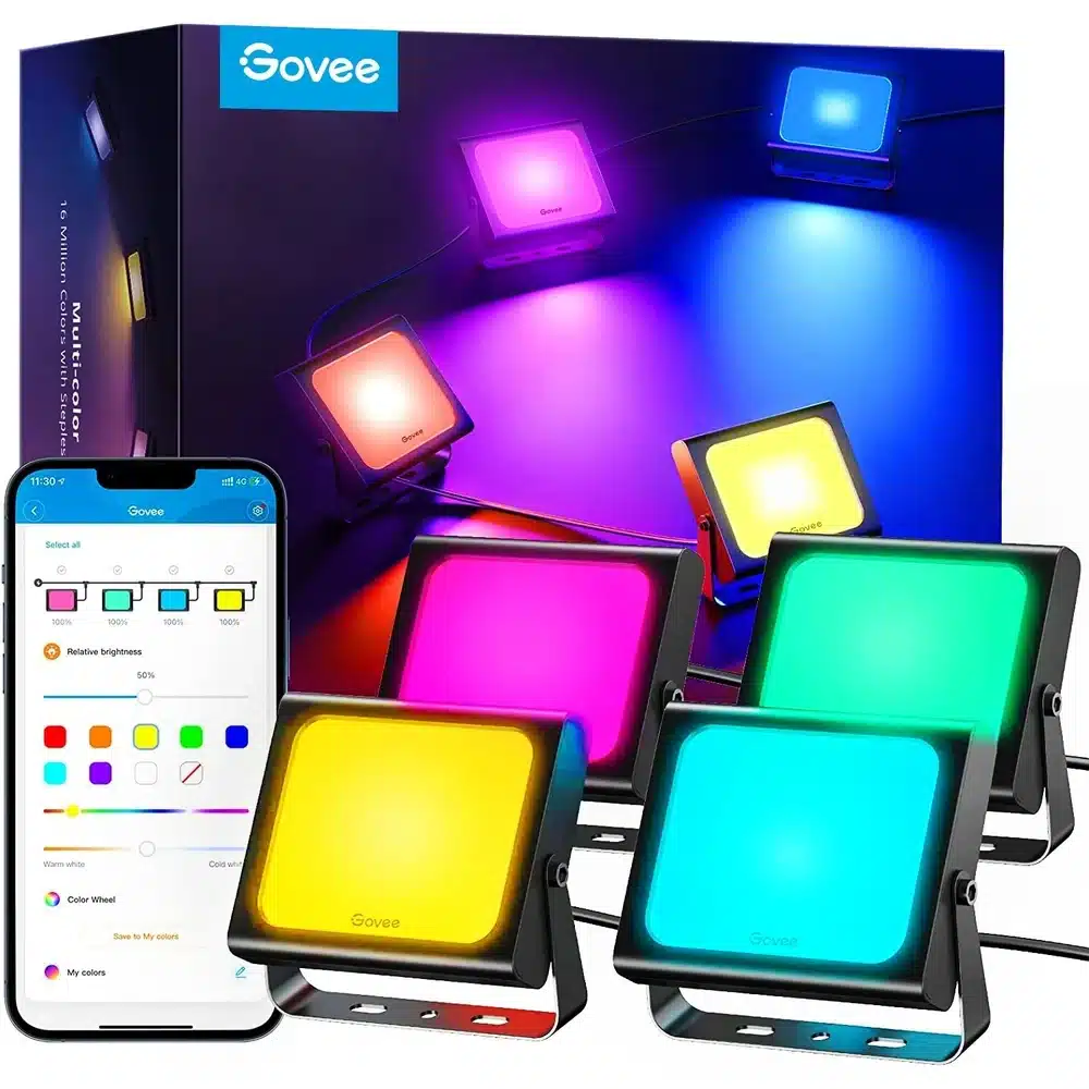 كشافات Govee الذكية RGBICWW طقم 4 قطع (H7060) – إضاءة خارجية ملونة مع أبيض دافئ وبارد، مقاومة IP65، مزامنة الموسيقى، Alexa وGoogle Assistant 8 كشافات جوفي الذكية 4 قطع من الأمام