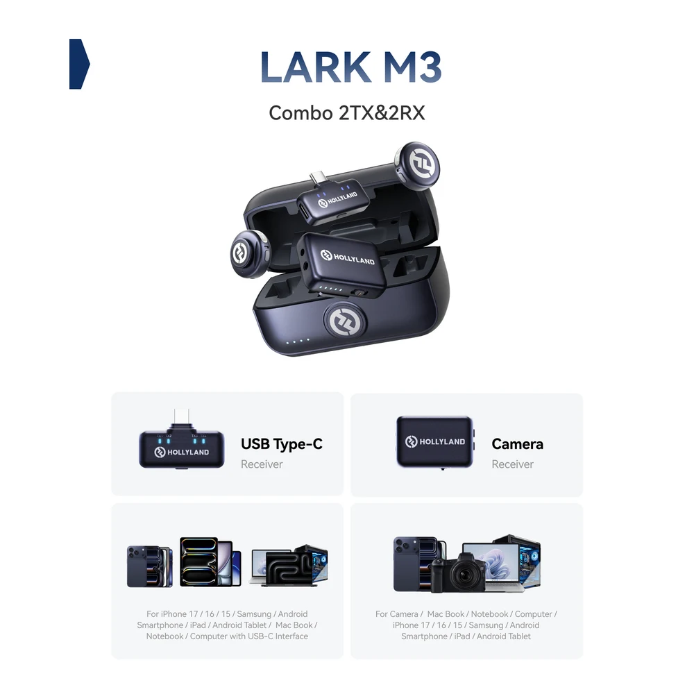 Hollyland LARK M3 Combo 2TX 2RX Wireless Microphone - 2 Mics + USB-C and Camera Receivers + Charging Case, 32-Bit Float 10 Hollyland LARK M3 Combo 2TX 2RX in use