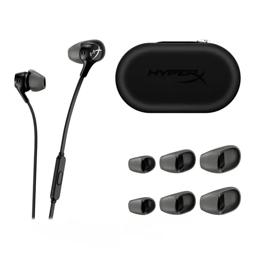 سماعات HyperX Cloud Earbuds II سوداء - سماعات أذن سلكية للألعاب مع ميكروفون، مكبرات 14.3 ملم، مقبس 3.5 ملم بزاوية 90 درجة، أربعة مقاسات للأطراف، حقيبة صلبة 12 هايبر إكس كلاود إيربودز 2 أسود