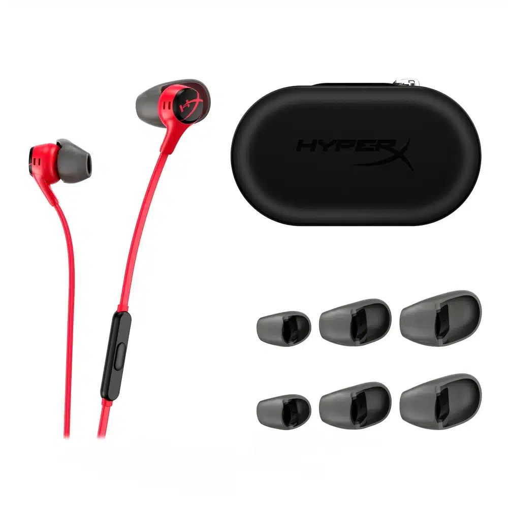 سماعات HyperX Cloud Earbuds II حمراء - سماعات أذن سلكية للألعاب مع ميكروفون، مكبرات 14.3 ملم، كابل مسطح، مقبس 3.5 ملم بزاوية 90 درجة، حقيبة صلبة 12 هايبر إكس كلاود إيربودز 2 أحمر