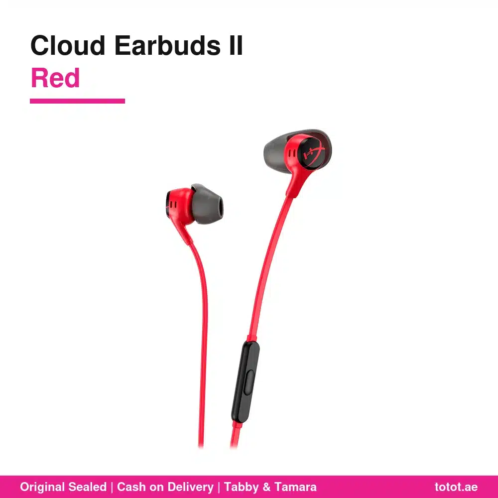 سماعات HyperX Cloud Earbuds II حمراء - سماعات أذن سلكية للألعاب مع ميكروفون، مكبرات 14.3 ملم، كابل مسطح، مقبس 3.5 ملم بزاوية 90 درجة، حقيبة صلبة 7 سماعات هايبر إكس كلاود إيربودز 2 أحمر