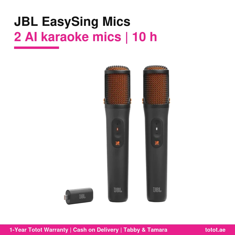 ميكروفونات JBL EasySing Mics – ميكروفونان لاسلكيان يدويان للكاريوكي، إزالة صوت المغني بالذكاء الاصطناعي، حتى 10 ساعات، دونجل USB-C لمكبرات PartyBox 1 JBL EasySing Mics
