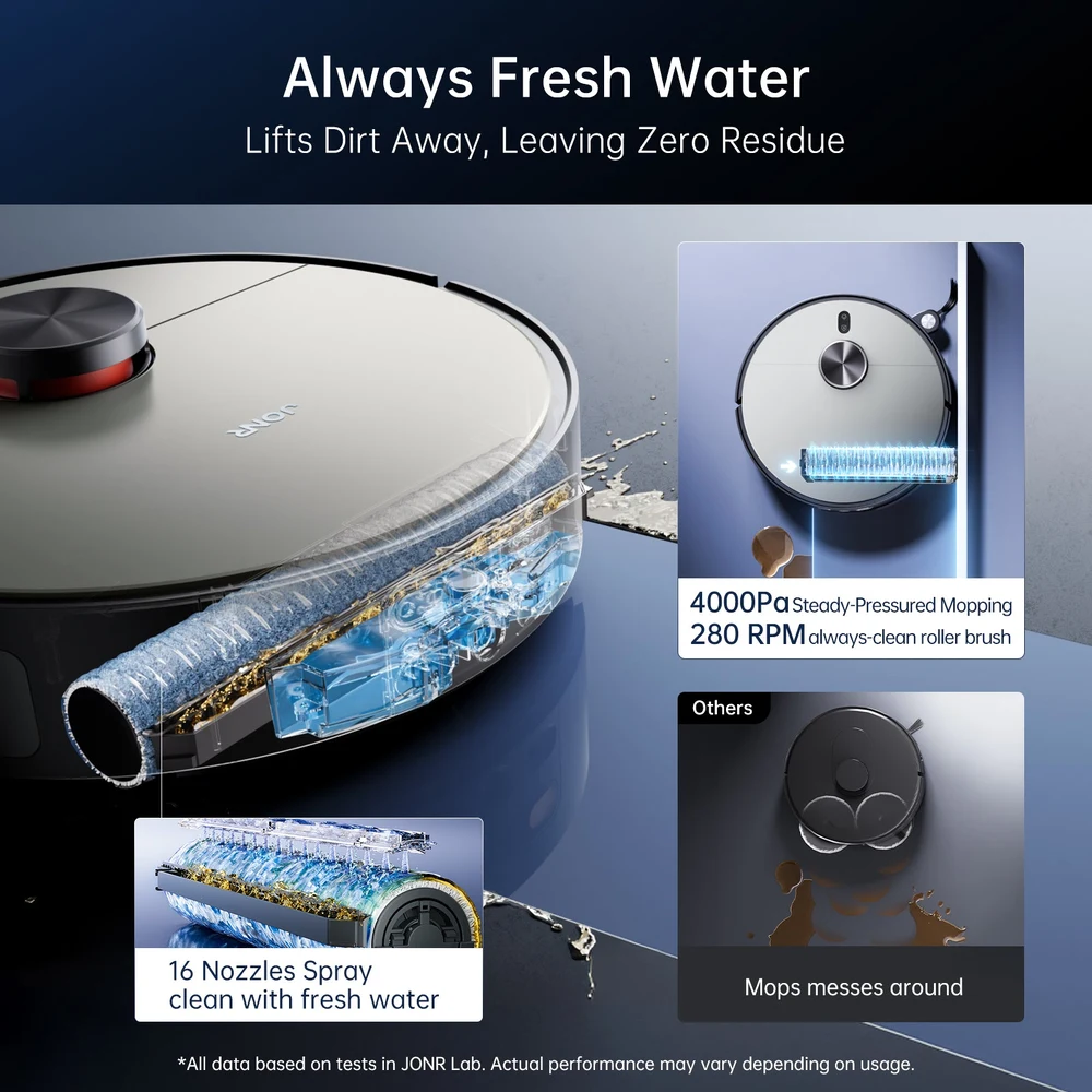 JONR X9 Pro Robot Vacuum and Mop with Hot Water Mop-Wash Air-Dry Dock - 20000Pa, AI Obstacle Avoidance, LiDAR, Auto Empty 7 JONR X9 Pro Robot Vacuum and Mop in use