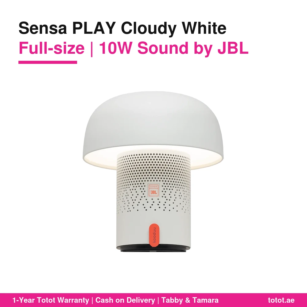 مصباح Kooduu Sensa PLAY Cloudy White بالحجم الكامل – سماعة SOUND BY JBL بقدرة 10 واط وصوت 360 درجة، ضوء دافئ 150 لومن بتعتيم متدرج، بطارية حتى 11 ساعة، قاعدة شحن USB-C 1 Kooduu Sensa PLAY Cloudy White
