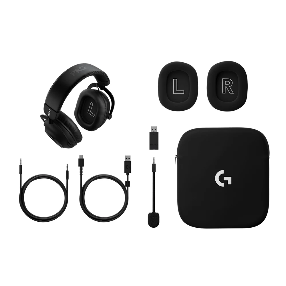 سماعة Logitech PRO X3 LIGHTSPEED Black اللاسلكية للألعاب – سماعات PRO-G GRAPHENE بقطر 50 مم، ميكروفون 48 كيلوهرتز قابل للفصل، معادل 10 نطاقات، حتى 70 ساعة 9 سماعة Logitech PRO X3 LIGHTSPEED السوداء مع ملحقاتها