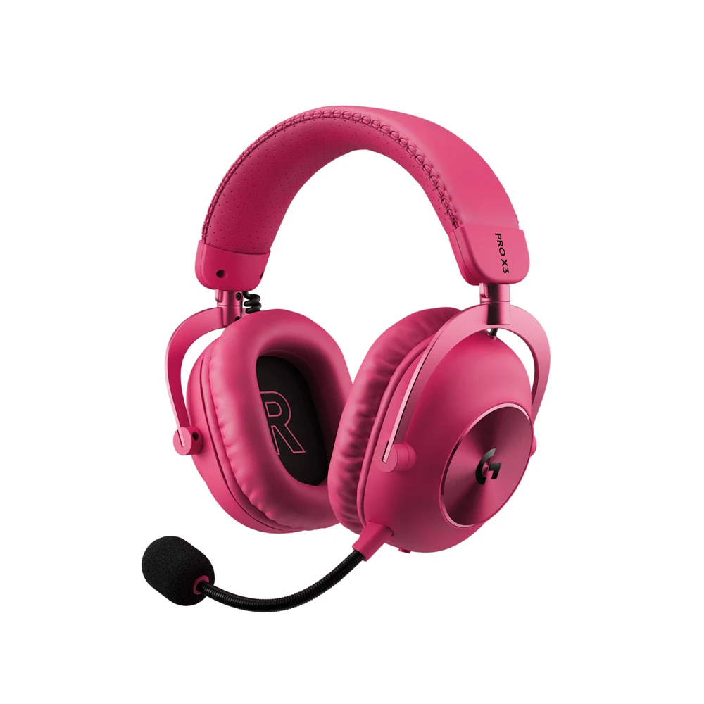 سماعة Logitech PRO X3 LIGHTSPEED Magenta اللاسلكية للألعاب – ميكروفون 48 كيلوهرتز قابل للفصل مع BLUE VO!CE، سماعات PRO-G GRAPHENE بقطر 50 مم، حتى 70 ساعة 6 سماعة Logitech PRO X3 LIGHTSPEED Magenta - سماعة Logitech PRO X3 LIGHTSPEED باللون الماجنتا من زاوية أمامية