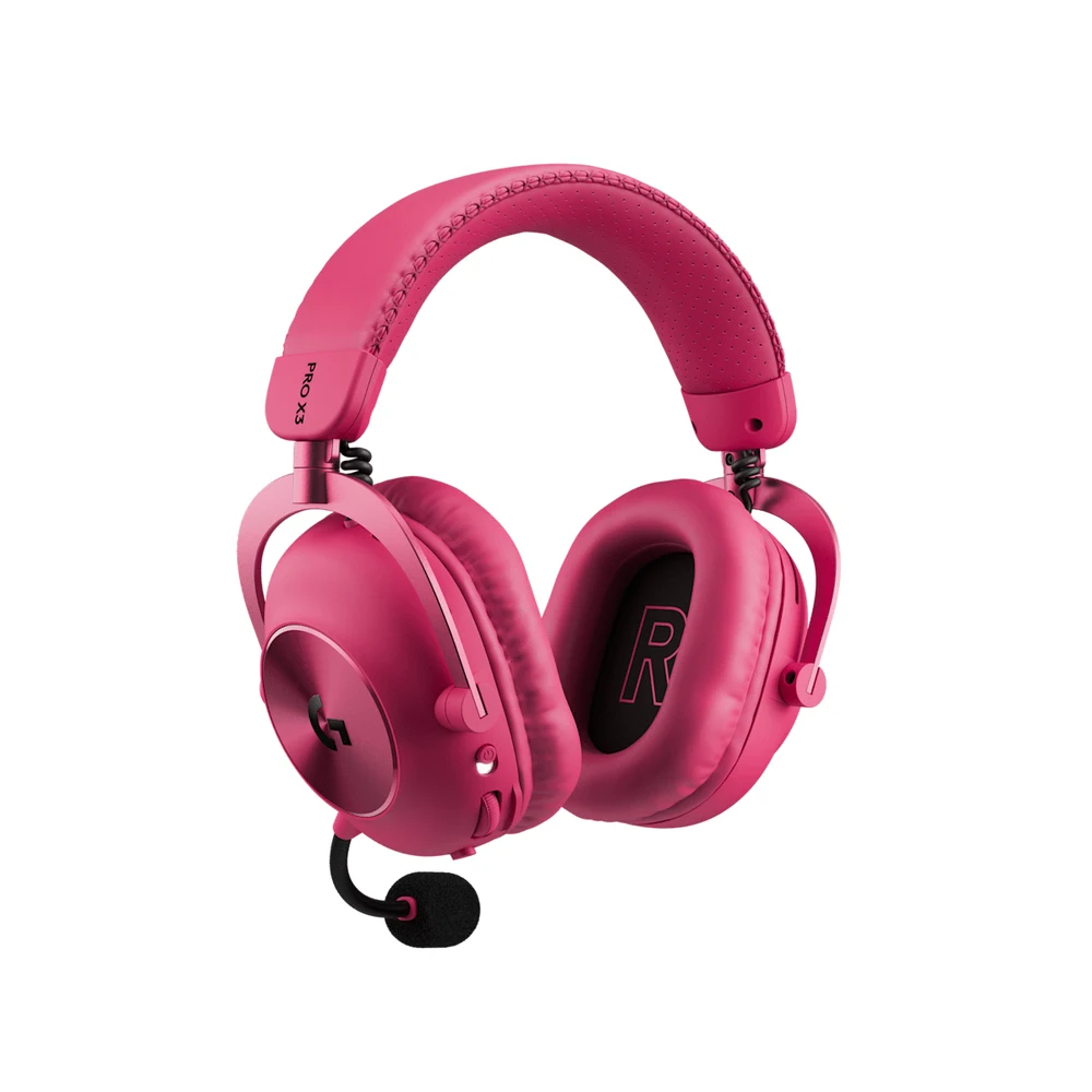 سماعة Logitech PRO X3 LIGHTSPEED Magenta اللاسلكية للألعاب – ميكروفون 48 كيلوهرتز قابل للفصل مع BLUE VO!CE، سماعات PRO-G GRAPHENE بقطر 50 مم، حتى 70 ساعة 8 سماعة Logitech PRO X3 LIGHTSPEED الماجنتا من زاوية خلفية