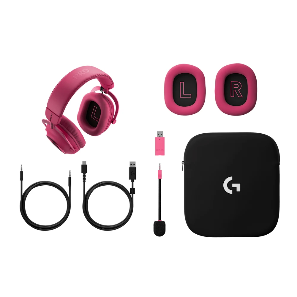 سماعة Logitech PRO X3 LIGHTSPEED Magenta اللاسلكية للألعاب – ميكروفون 48 كيلوهرتز قابل للفصل مع BLUE VO!CE، سماعات PRO-G GRAPHENE بقطر 50 مم، حتى 70 ساعة 9 سماعة Logitech PRO X3 LIGHTSPEED الماجنتا مع ملحقاتها