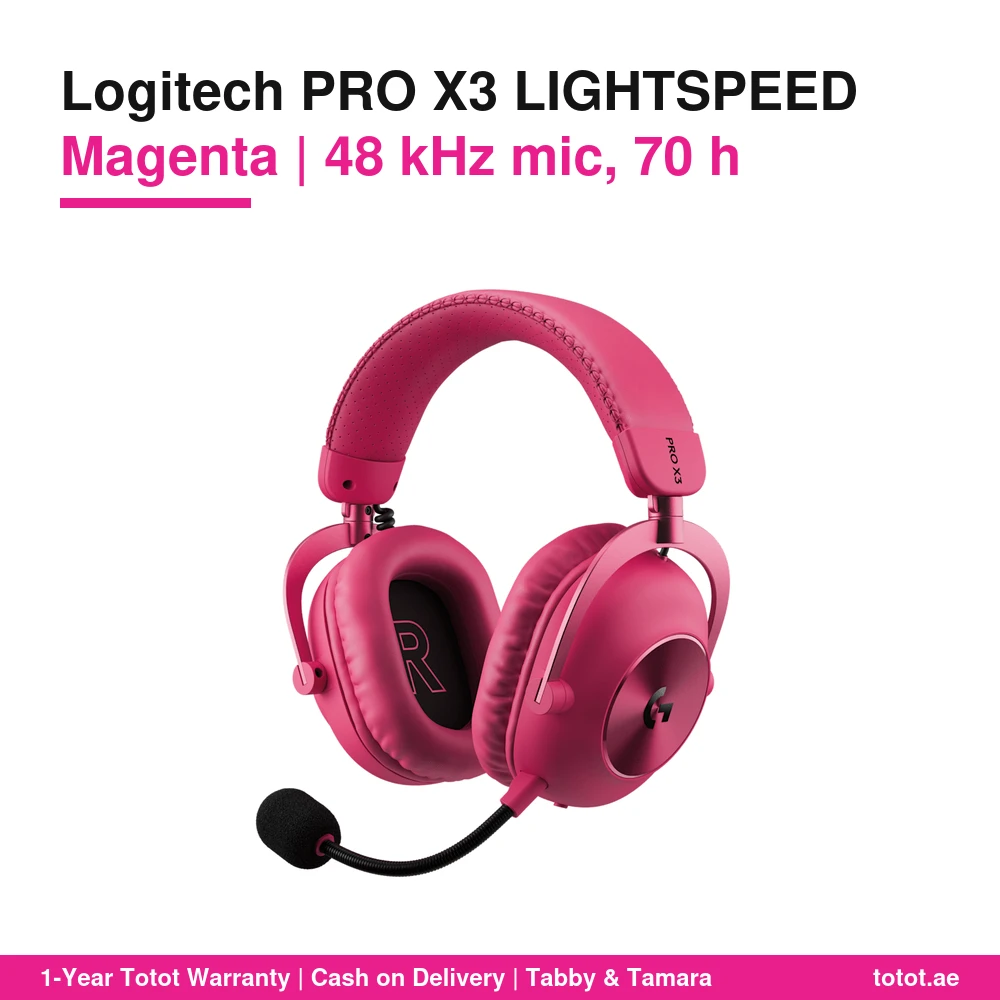 سماعة Logitech PRO X3 LIGHTSPEED Magenta اللاسلكية للألعاب – ميكروفون 48 كيلوهرتز قابل للفصل مع BLUE VO!CE، سماعات PRO-G GRAPHENE بقطر 50 مم، حتى 70 ساعة 1 Logitech PRO X3 LIGHTSPEED Magenta