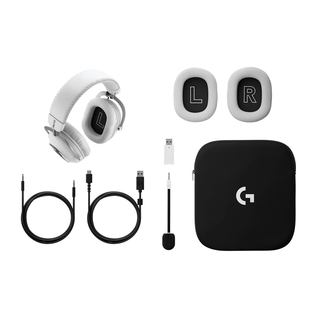 سماعة Logitech PRO X3 LIGHTSPEED White اللاسلكية للألعاب – للكمبيوتر وPS5 وSwitch، سماعات PRO-G GRAPHENE بقطر 50 مم، ميكروفون 48 كيلوهرتز، حتى 70 ساعة 9 سماعة Logitech PRO X3 LIGHTSPEED البيضاء مع ملحقاتها