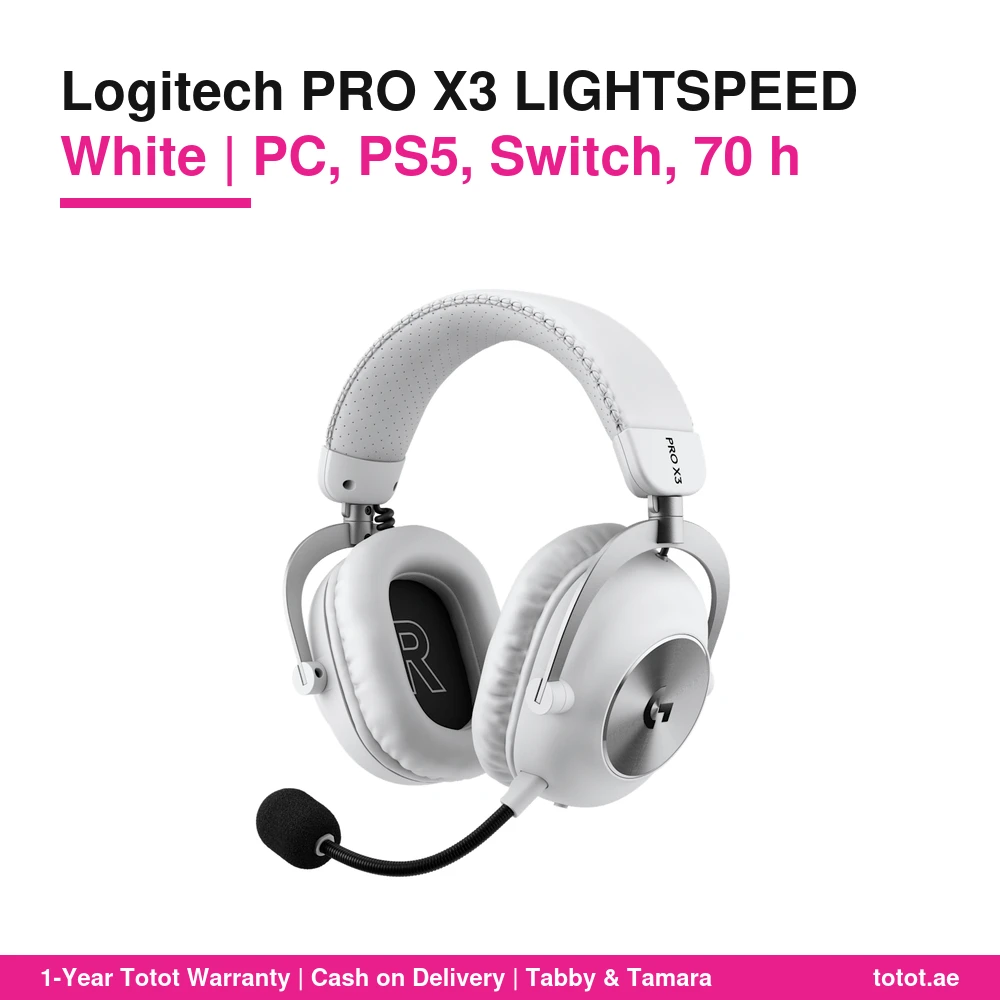 سماعة Logitech PRO X3 LIGHTSPEED White اللاسلكية للألعاب – للكمبيوتر وPS5 وSwitch، سماعات PRO-G GRAPHENE بقطر 50 مم، ميكروفون 48 كيلوهرتز، حتى 70 ساعة 1 Logitech PRO X3 LIGHTSPEED White