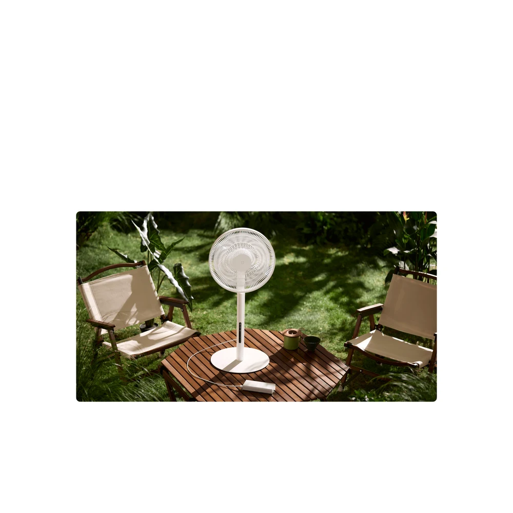مروحة Mijia Smart Standing Fan Pro Slim – رأس نحيف 8.7 سم، طاقة USB-C بجهد 12 فولت، 8 أنماط رياح طبيعية، تدفق 25 م³/دقيقة، تحكم مغناطيسي 8 مروحة Mijia Smart Standing Fan Pro Slim تعمل في الهواء الطلق ببنك طاقة