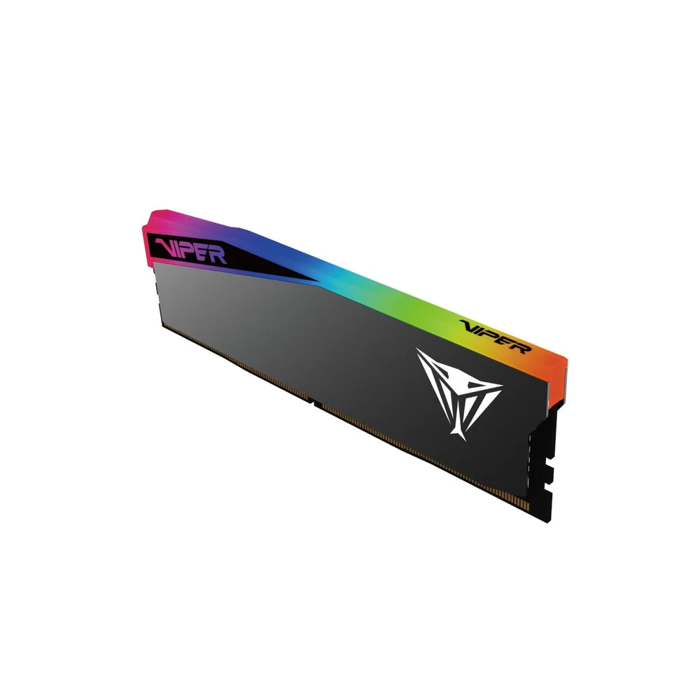 Patriot Viper Elite 5 Ultra RGB DDR5 32GB (2x16GB) 6400MT/s CL36 Black (VEUR532G6436K) – 36-46-46-110 at 1.4V, XMP 3.0 & EXPO, Hand-Tested, RGB Sync 5 Patriot Viper Elite 5 Ultra RGB DDR5 module at an angle with RGB light bar