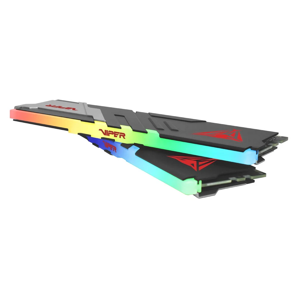 Patriot Viper Venom RGB DDR5 32GB (2x16GB) 6000MT/s CL30 (PVVR532G600C30K) – 30-40-40-76 at 1.35V, Intel XMP 3.0 & AMD EXPO, 43mm Aluminium Heat Spreader, RGB 8 Patriot Viper Venom RGB DDR5 modules at an angle showing the RGB light bar