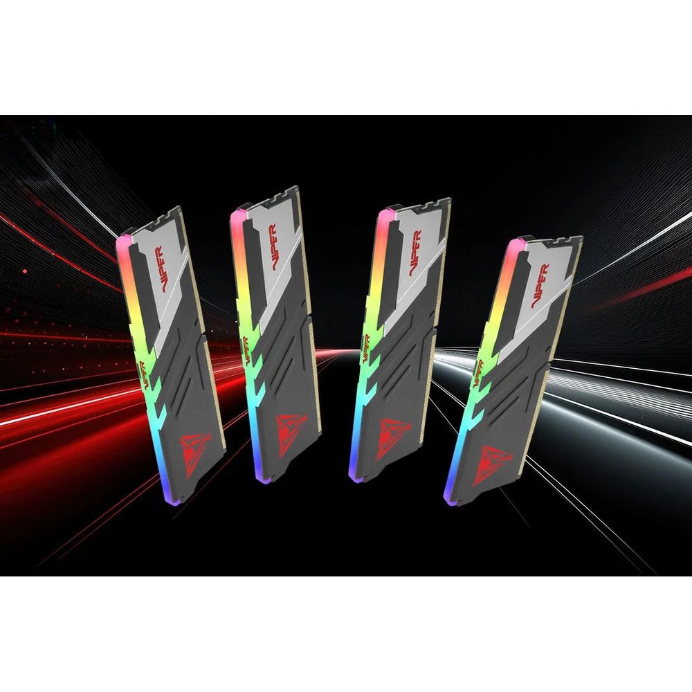 Patriot Viper Venom RGB DDR5 32GB (2x16GB) 6000MT/s CL30 (PVVR532G600C30K) – 30-40-40-76 at 1.35V, Intel XMP 3.0 & AMD EXPO, 43mm Aluminium Heat Spreader, RGB 9 four Patriot Viper Venom RGB DDR5 modules lit on a dark background
