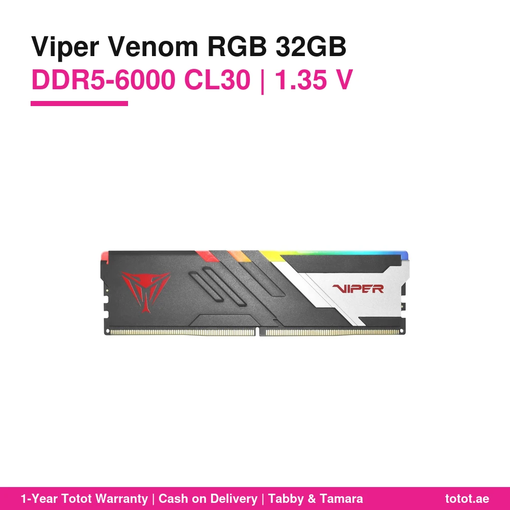 Patriot Viper Venom RGB DDR5 32GB (2x16GB) 6000MT/s CL30 (PVVR532G600C30K) – 30-40-40-76 at 1.35V, Intel XMP 3.0 & AMD EXPO, 43mm Aluminium Heat Spreader, RGB 1 Patriot Viper Venom RGB 32GB CL30