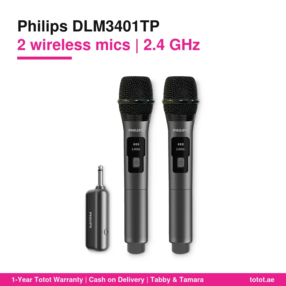 ميكروفونات Philips DLM3401TP – ميكروفونان لاسلكيان ديناميكيان 2.4 غيغاهرتز، جهاز استقبال قابل للشحن، تحكم في الصوت بأربعة مستويات، محول 6.3 إلى 3.5 ملم 1 Philips DLM3401TP
