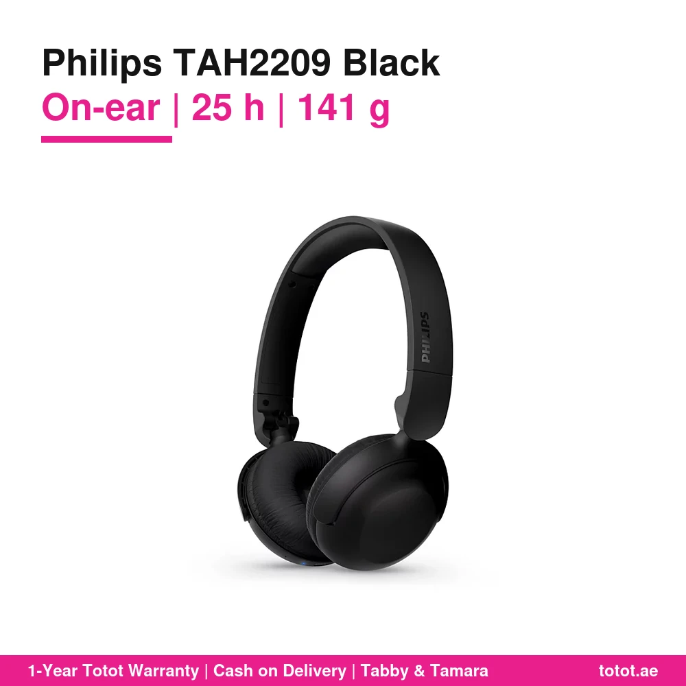 سماعات Philips TAH2209 Black – سماعات على الأذن خفيفة بوزن 141 غراماً، حتى 25 ساعة، جهير Dynamic Bass، بلوتوث 5.4 متعدد الأجهزة، وضع تأخير منخفض للفيديو 1 Philips TAH2209 Black