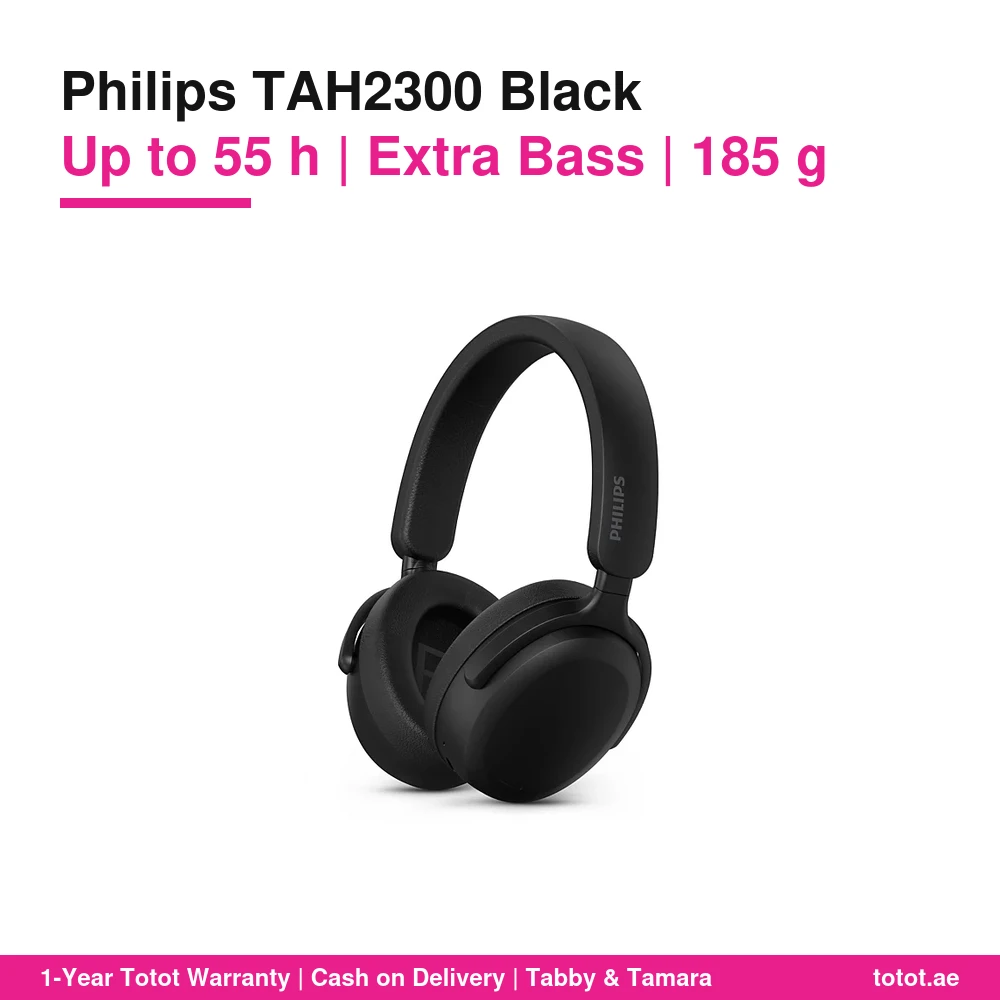 سماعات Philips TAH2300 Black – تشغيل حتى 55 ساعة، سماعات 40 ملم مع جهير إضافي، بلوتوث 5.4 متعدد الأجهزة، تصميم خفيف فوق الأذن قابل للطي 1 Philips TAH2300 Black