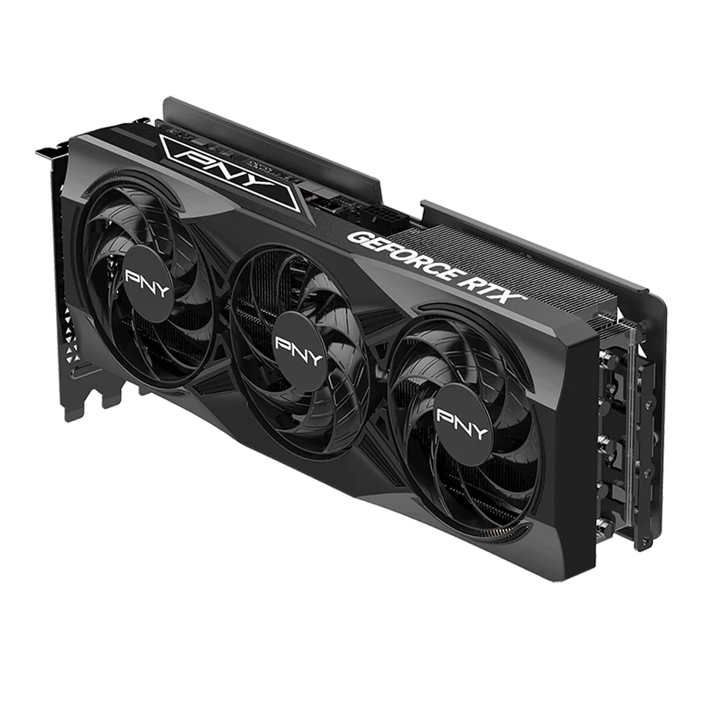 PNY GeForce RTX 5070 Ti 16GB OC Triple Fan – 2572 MHz Boost, 8,960 CUDA Cores, 16GB GDDR7 256-bit, DisplayPort 2.1b UHBR20, Metal Backplate 7 PNY RTX 5070 Ti OC triple fan graphics card, left angle view
