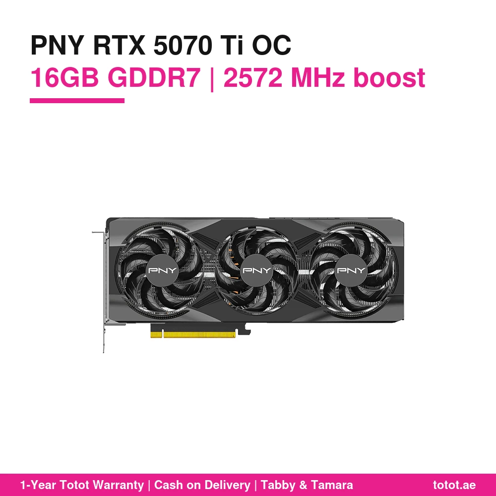 PNY GeForce RTX 5070 Ti 16GB OC Triple Fan – 2572 MHz Boost, 8,960 CUDA Cores, 16GB GDDR7 256-bit, DisplayPort 2.1b UHBR20, Metal Backplate 1 PNY RTX 5070 Ti OC