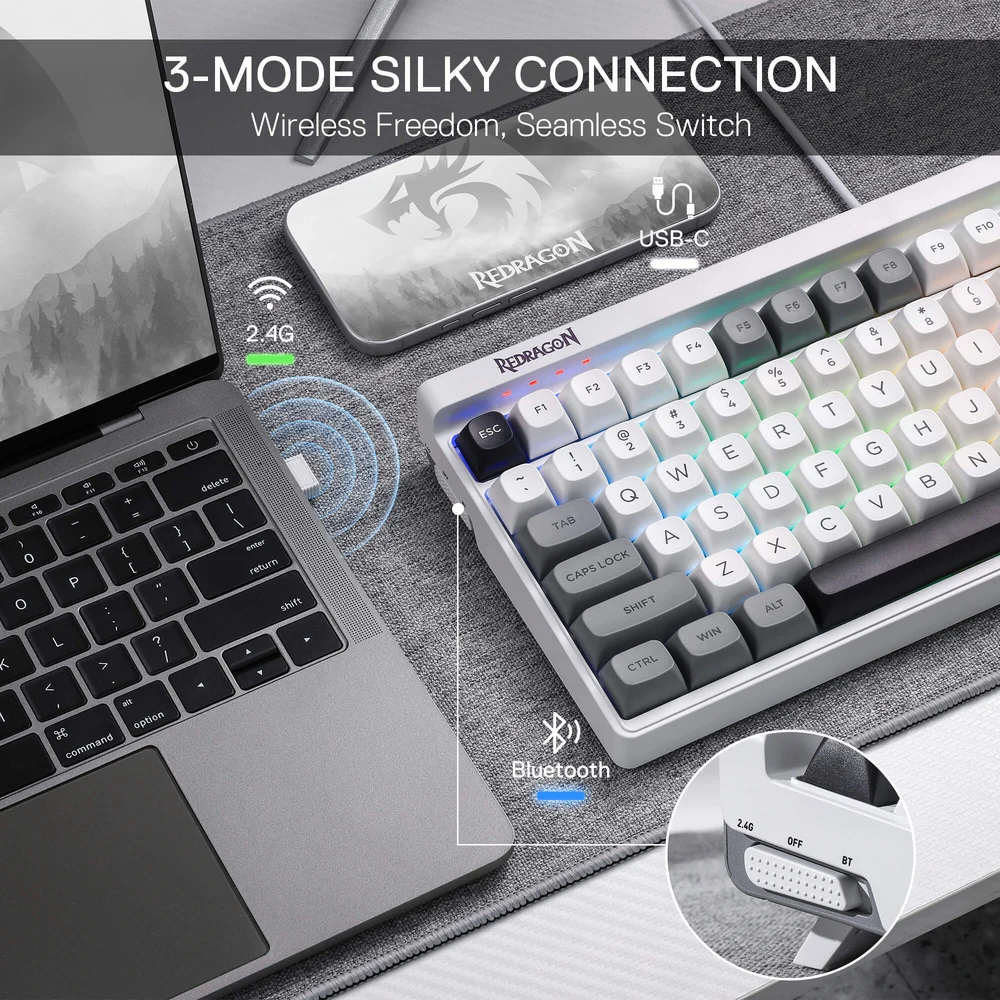 Redragon GAREN K656 PRO - 100 Key Tri-Mode Gasket Mechanical Keyboard, 4000mAh, PBT Keycaps 4 GAREN K656 PRO (MoonDust Gray) - image 3
