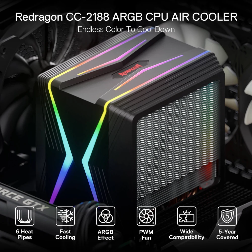Redragon HODUR C218 - Dual Tower ARGB CPU Air Cooler, 6 Heatpipes, Dual PWM Fans 6 HODUR C218 ARGB Dual Tower CPU Air Cooler - image 5