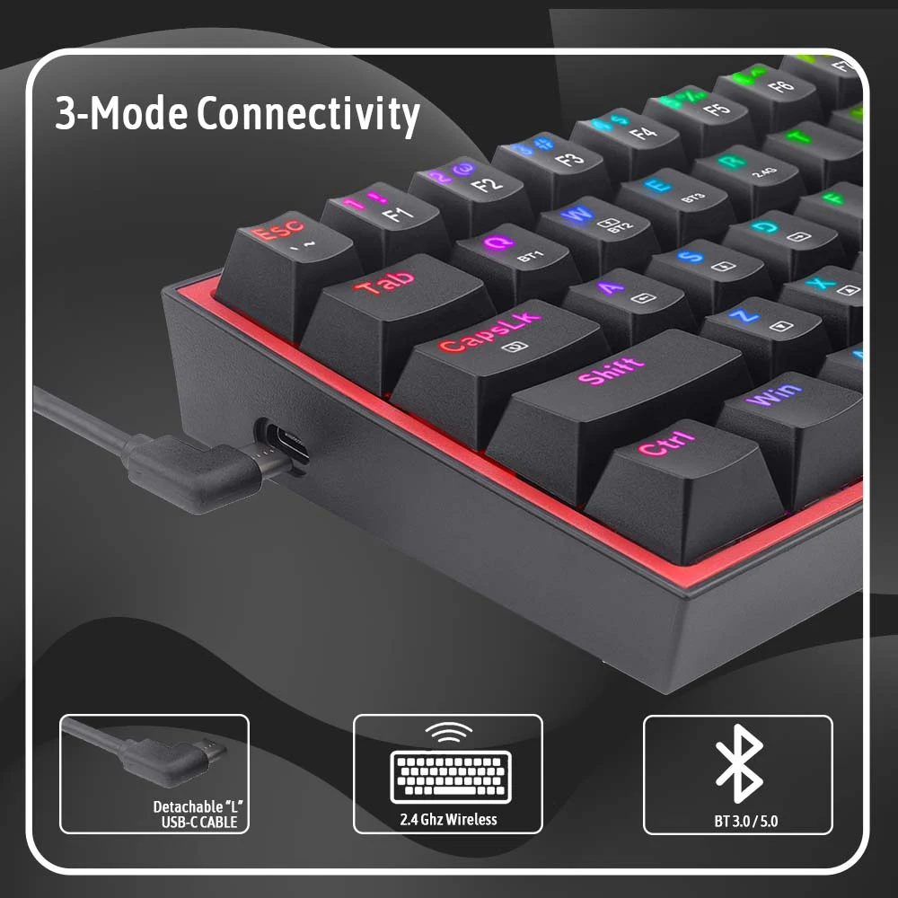 Redragon FIZZ PRO K616 - 60% Tri-Mode Mechanical Keyboard, Hot-Swap Red Switches, BT + 2.4G + USB-C 6 Redragon FIZZ PRO K616 - official product image 5