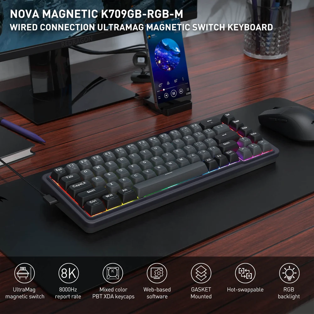 Redragon NOVA K709 HE - Magnetic Hall Effect Keyboard, Rapid Trigger, Adjustable Actuation 4 NOVA K709 HE Rapid Trigger Gaming Keyboard - image 3