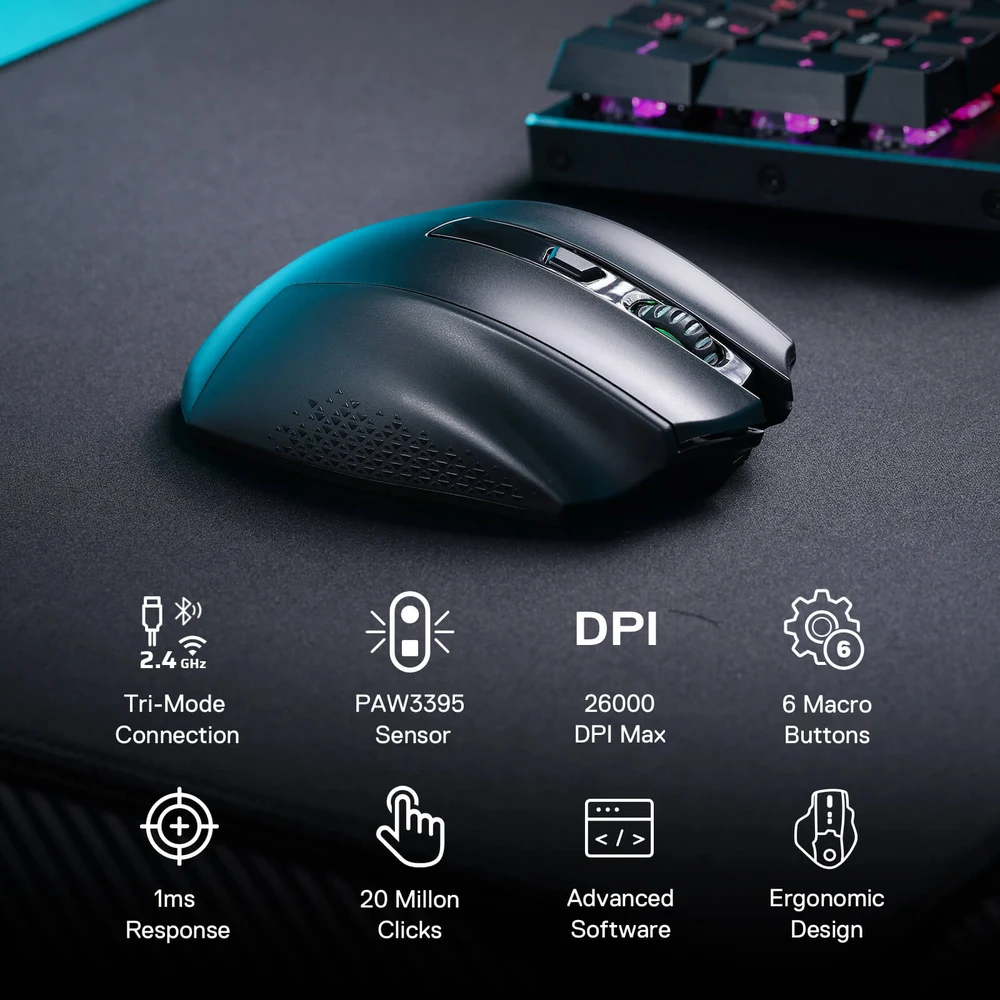 Redragon WOKI M994 - Wireless Gaming Mouse, 26000 DPI PAW3395, Tri-Mode BT 2.4G Wired, 6 Macro Buttons 4 Redragon WOKI M994 - image 3