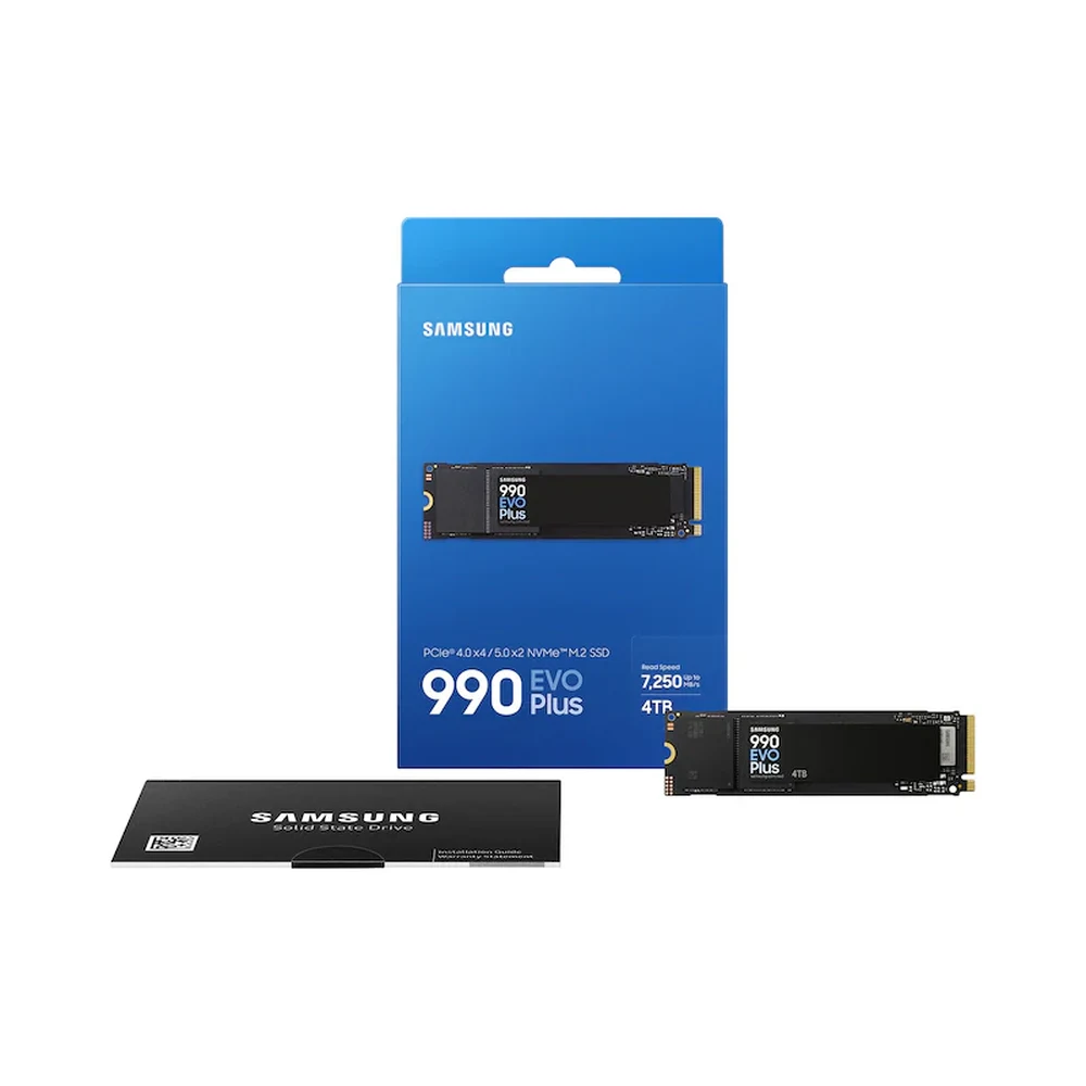 Samsung 990 EVO Plus 4TB NVMe M.2 SSD (MZ-V9S4T0BW) – Up to 7,250MB/s Read, 6,300MB/s Write, PCIe 4.0 x4 / 5.0 x2, 2,400TBW, AES 256-bit Encryption 8 Samsung 990 EVO Plus 4TB SSD left perspective view showing the M.2 connector