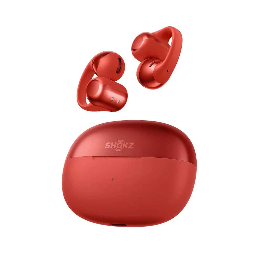 Shokz OpenDots ONE Red - Open-Ear Clip-On Earbuds, Bassphere + Dolby Audio, 40H Battery, Wireless Charging 6 Shokz OpenDots ONE Red in use