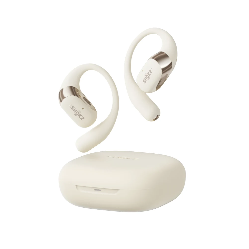 Shokz OpenFit 2 Beige - Open-Ear Ear-Hook Earbuds, DualBoost Dual Drivers, 48H Battery, IP55, Buttons 6 Shokz OpenFit 2 Beige in use