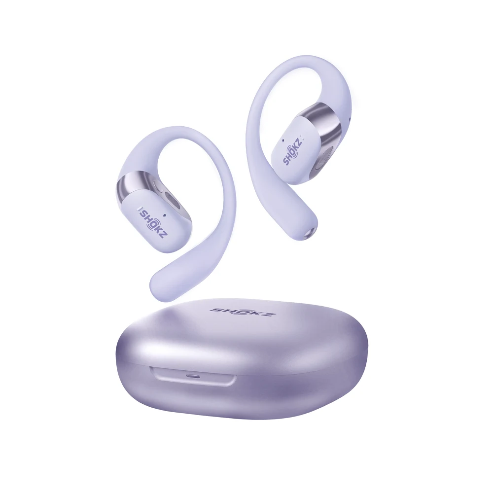 Shokz OpenFit 2+ Purple - Open-Ear Ear-Hook Earbuds, DualBoost + Dolby Audio, 48H Battery, IP55, Qi Charging 6 Shokz OpenFit 2+ Purple in use