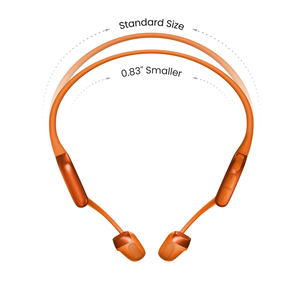 سماعات Shokz OpenRun Pro 2 Mini Orange – سماعات رياضية بالتوصيل العظمي بطوق صغير، جهير DualPitch، بطارية 12 ساعة، IP55، اتصال متعدد 8 منظر جانبي لسماعات OpenRun Pro 2 Mini البرتقالية يظهر الطوق الأقصر