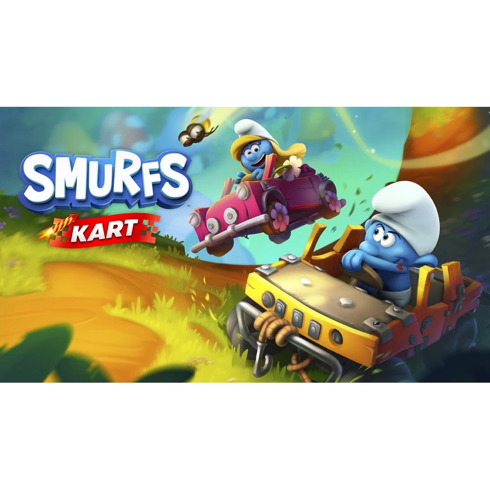 Smurfs 2 in 1 Game Collection Switch – Mission Vileaf 3D Platformer + Smurfs Kart, 4-Player Split-Screen Racing, 12 Tracks, Physical EU Edition 7 Smurfs Kart key art with Smurfs racing