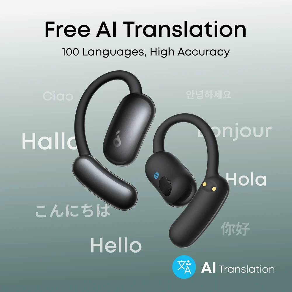 سماعات soundcore AeroFit 2 AI Assistant باللون الأسود Jet Black – مساعد صوتي «Hey Anka»، ترجمة في الاتجاهين لـ 100 لغة، اتصال بالهاتف والحاسوب معاً، LDAC، علبة شحن لاسلكي 8 سماعات AeroFit 2 AI Assistant باللون Jet Black