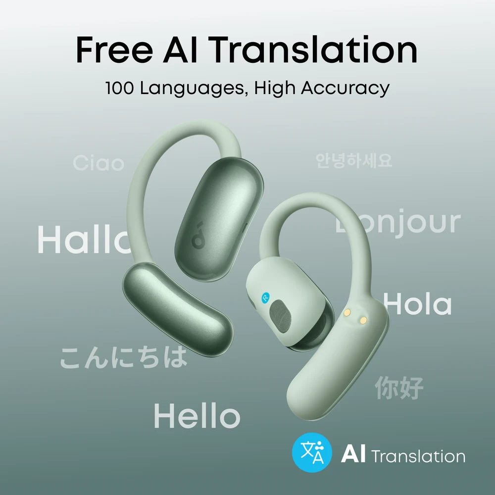 سماعات soundcore AeroFit 2 AI Assistant باللون الأخضر Sage Green – مساعد صوتي «Hey Anka»، ترجمة فورية لـ 100 لغة، خطافات أذن بأربعة مستويات، LDAC، IP55، حتى 35 ساعة مع العلبة 9 المساعد الصوتي Anka في سماعات soundcore AeroFit 2 AI Assistant