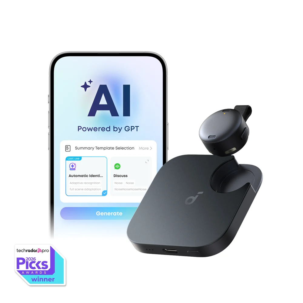 جهاز soundcore Work الأسود – مسجل صوت ذكي بحجم العملة (D3200)، تسجيل بضغطة واحدة، تفريغ نصي بأكثر من 150 لغة، حتى 32 ساعة مع العلبة 7 جهاز soundcore Work الأسود