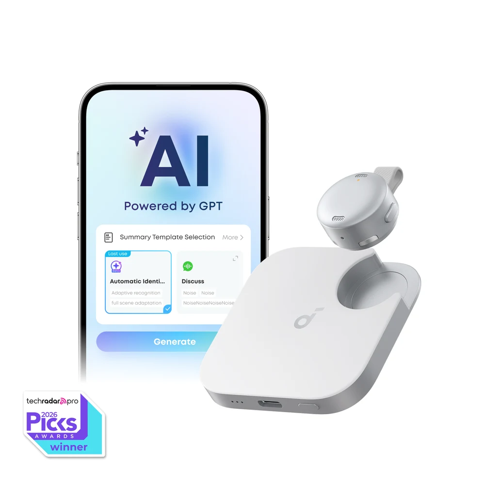 جهاز soundcore Work الأبيض – مسجل ملاحظات ذكي بحجم العملة (D3200) للمحاضرات والمقابلات، تمييز المتحدثين، 300 دقيقة مجانية شهرياً، IPX4 7 جهاز soundcore Work الأبيض
